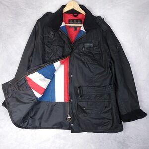 Barbour International Jacket Womens US 12 Black Waxed Belted Union Jack Moto
